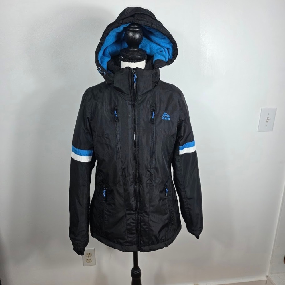 RBX Womens Black Hooded Jacket Athletic Blue Stripe Accent Size S
